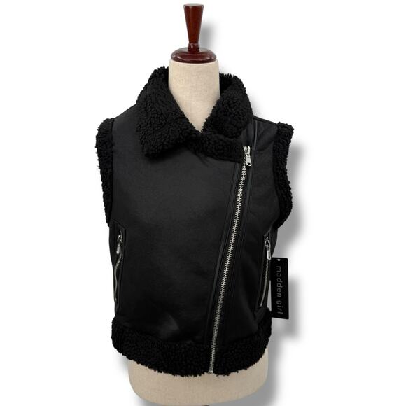 NWT Madden Girl Black Faux Shearling Suede Vest Medium Moto Zip Sleeveless - Picture 1 of 8